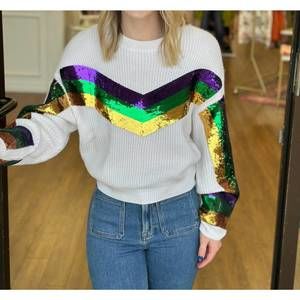 NEW QUEEN OF SPARKLES mardi gras long sleeve sweater in white
